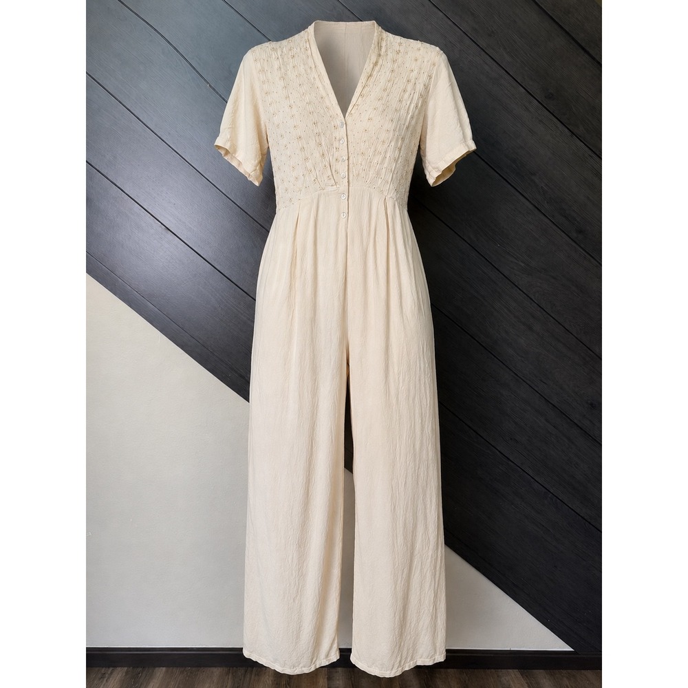 New York Studio Vintage 90s Embroidered Rayon Jumpsuit Tan Med Cottagecore
